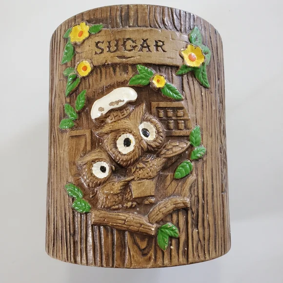 Treasure Craft Owl Wood Grain Sugar Canister Ceramic Made In USA Vintage 60s - Picture 4 of 15